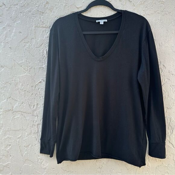 JAMES PERSE Tee Shirt Women 2/Medium V Neck Long Sleeve Raw Hem Black Casual - Picture 1 of 6